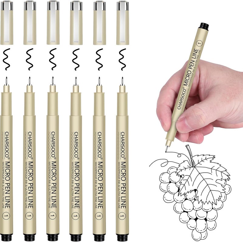 CHARSOCO 1 Micro Pen, 6 Pack Black Fine Point Pen with Waterproof Archival Ink, 1mm Fineliner Ink Pens for Artist Illustration, Sketching, Anime, Manga, Technical Drawing and Scrapbooking - Image 1